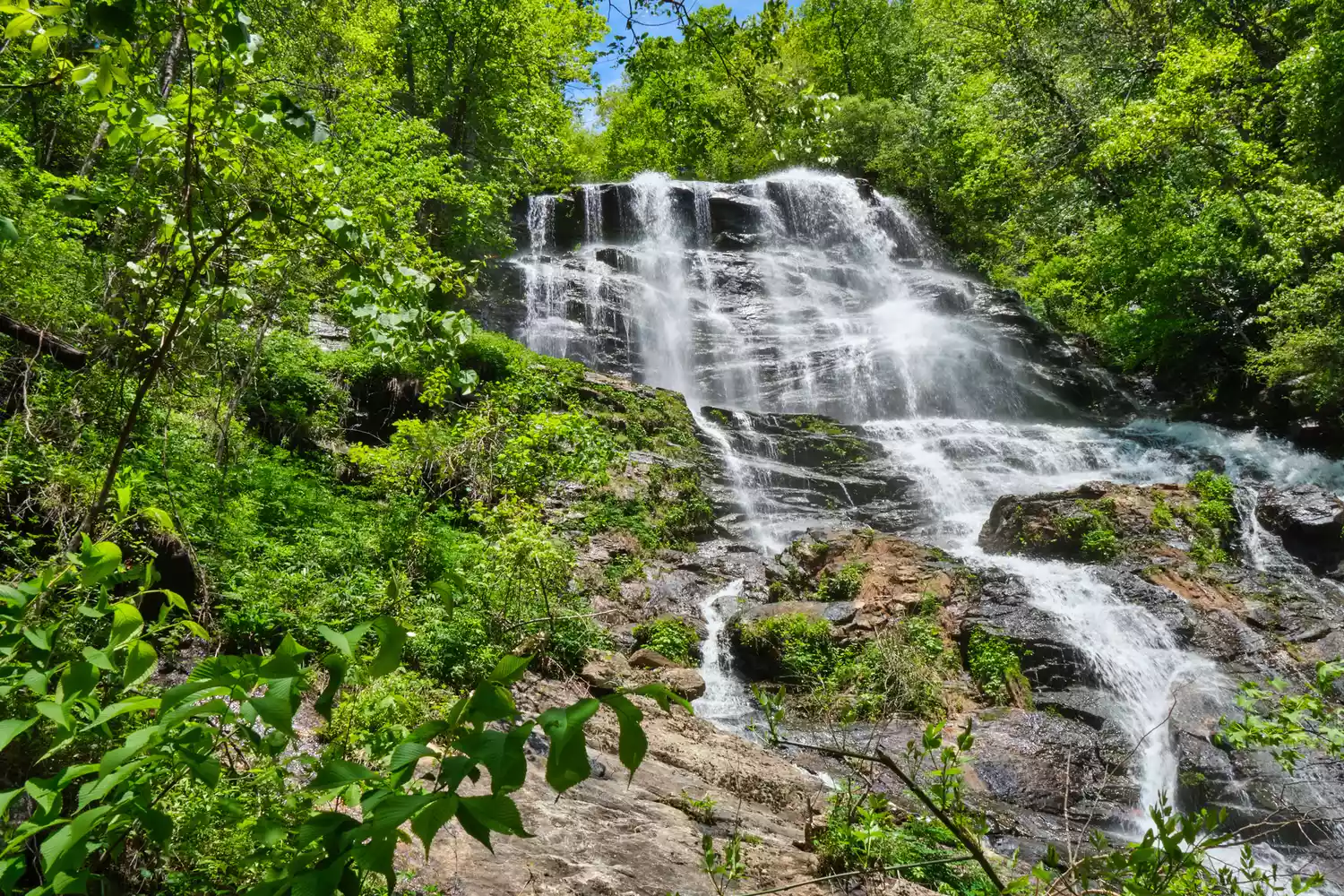 Amicalola Falls waterfall shot at slow shutter speed in Spring