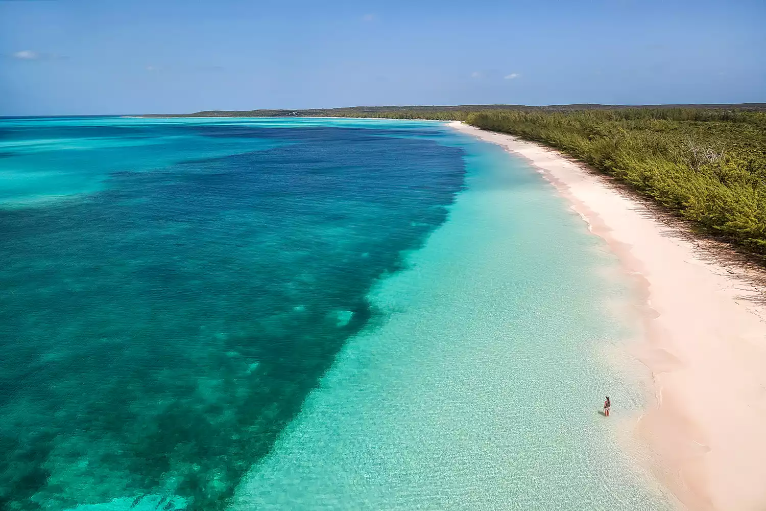 Vue aérienne d'une femme se tenant le long du rivage et appréciant la vue sur les eaux turquoise et une magnifique plage rose à Cat Island, Bahamas