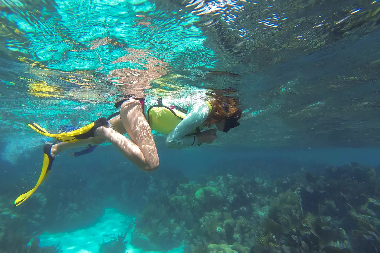 Une femme pratiquant la plongée en apnée et observant les coraux dans les Keys de Floride