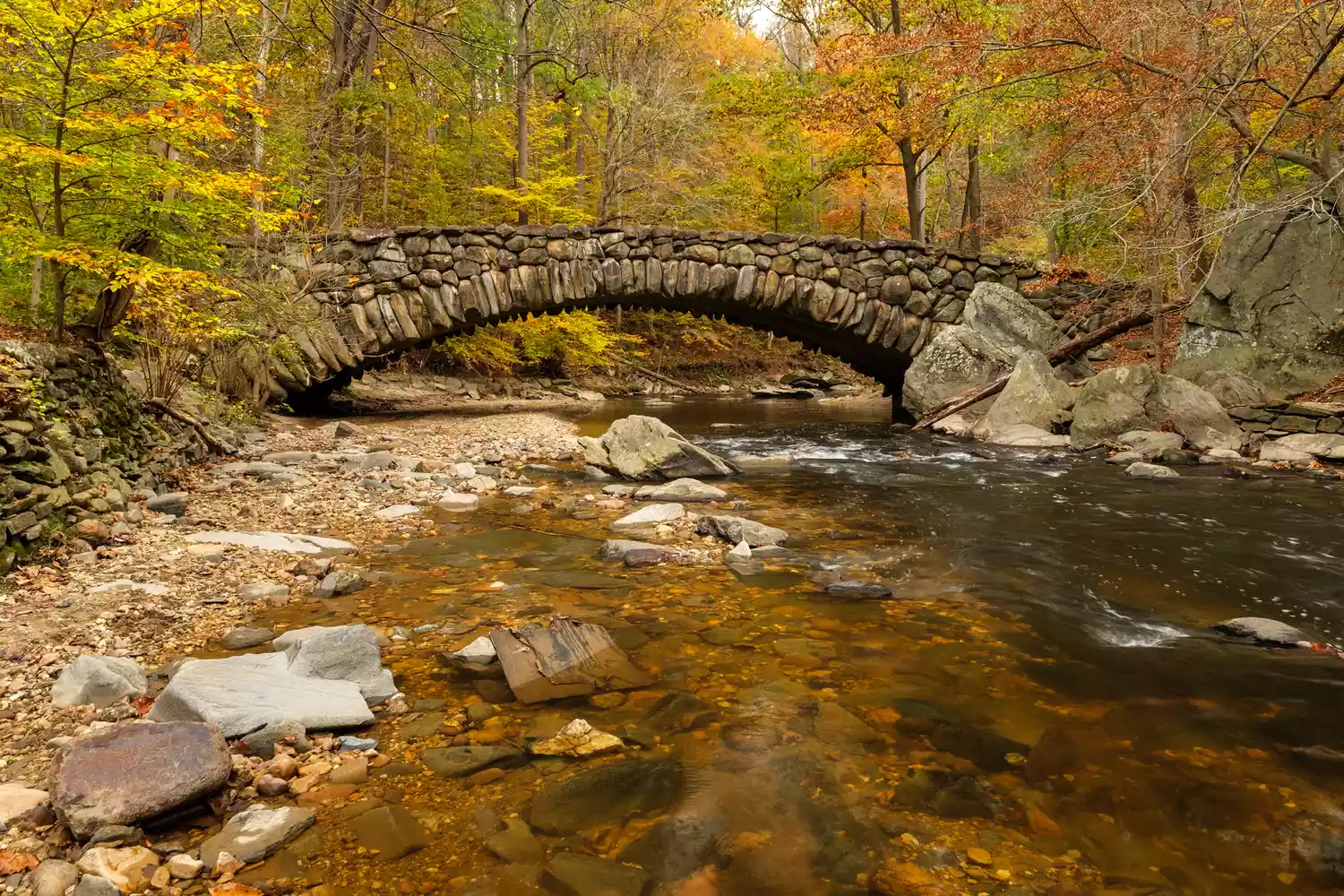 Automne avec feuillage d'automne au pont de Boulder dans le parc de Rock Creek, Washington, D.C.