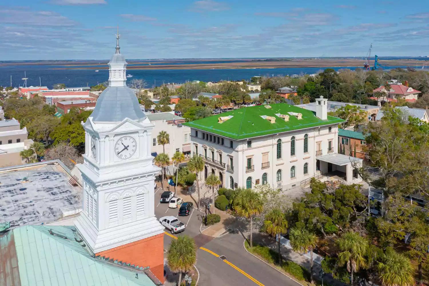 Downtown aerial of city hall on Fernandina Beach