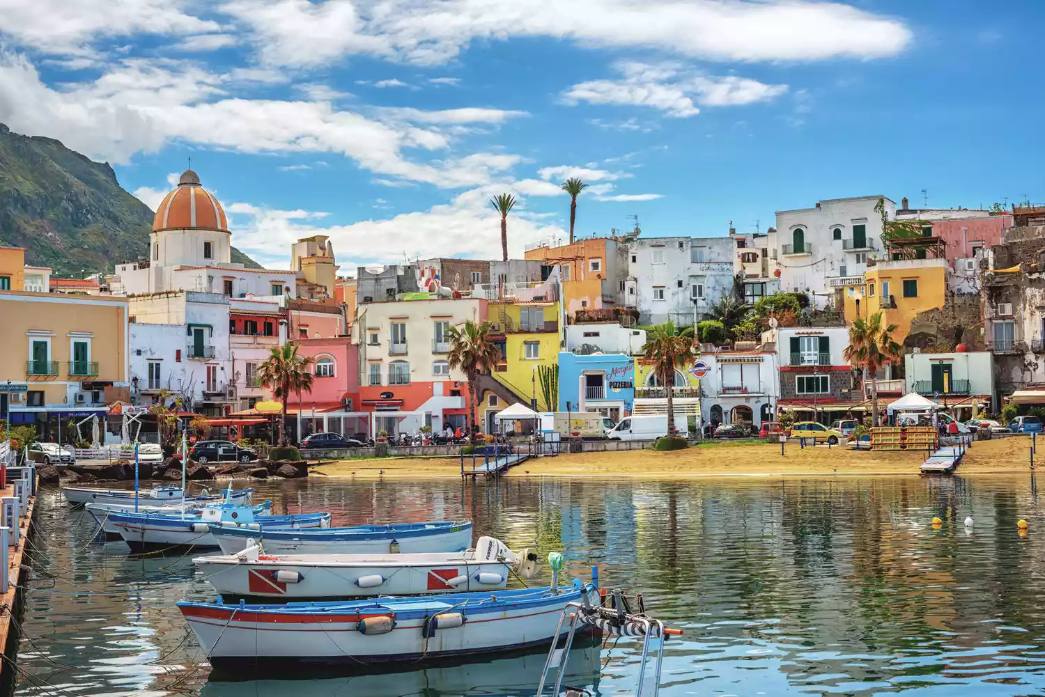 Historical Old town of Forio, known for its colorful traditional houses and fine sand beach, is a popular tourist resort on Ischia island, Naples