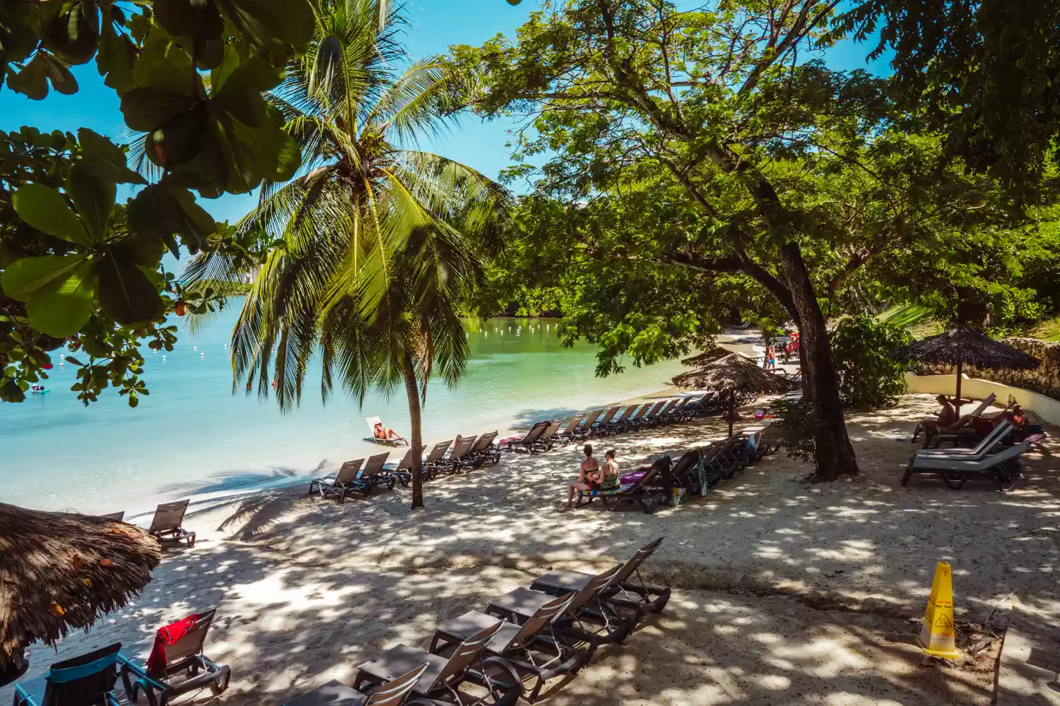 Vue de personnes se prélassant sur une plage à travers les arbres