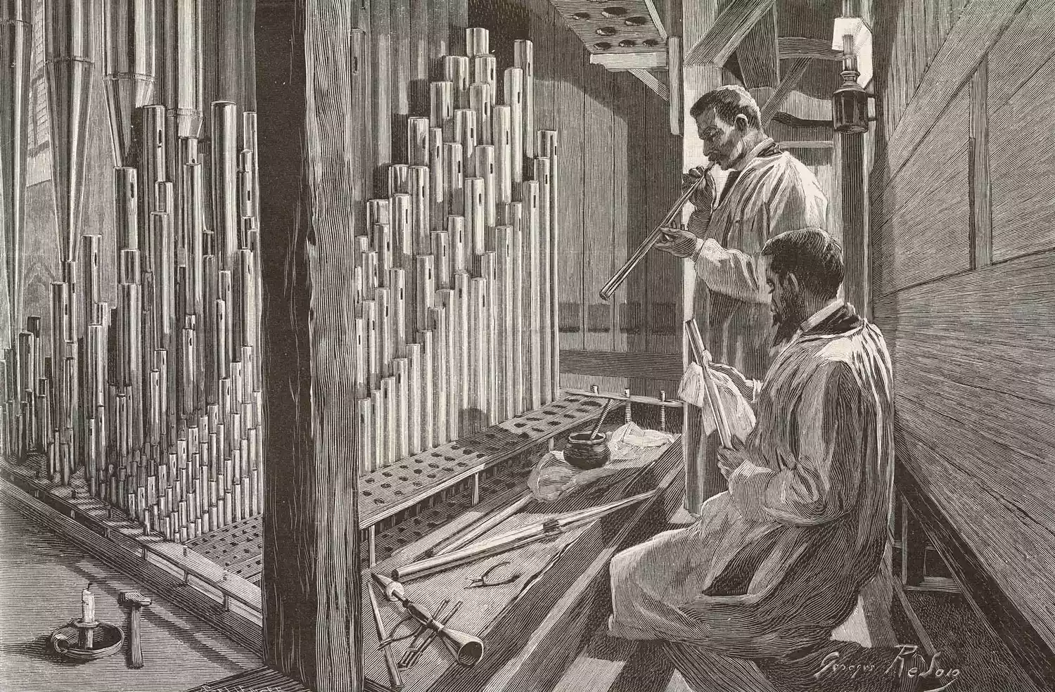 Nettoyage des tuyaux de l'orgue de Notre-Dame en 1894