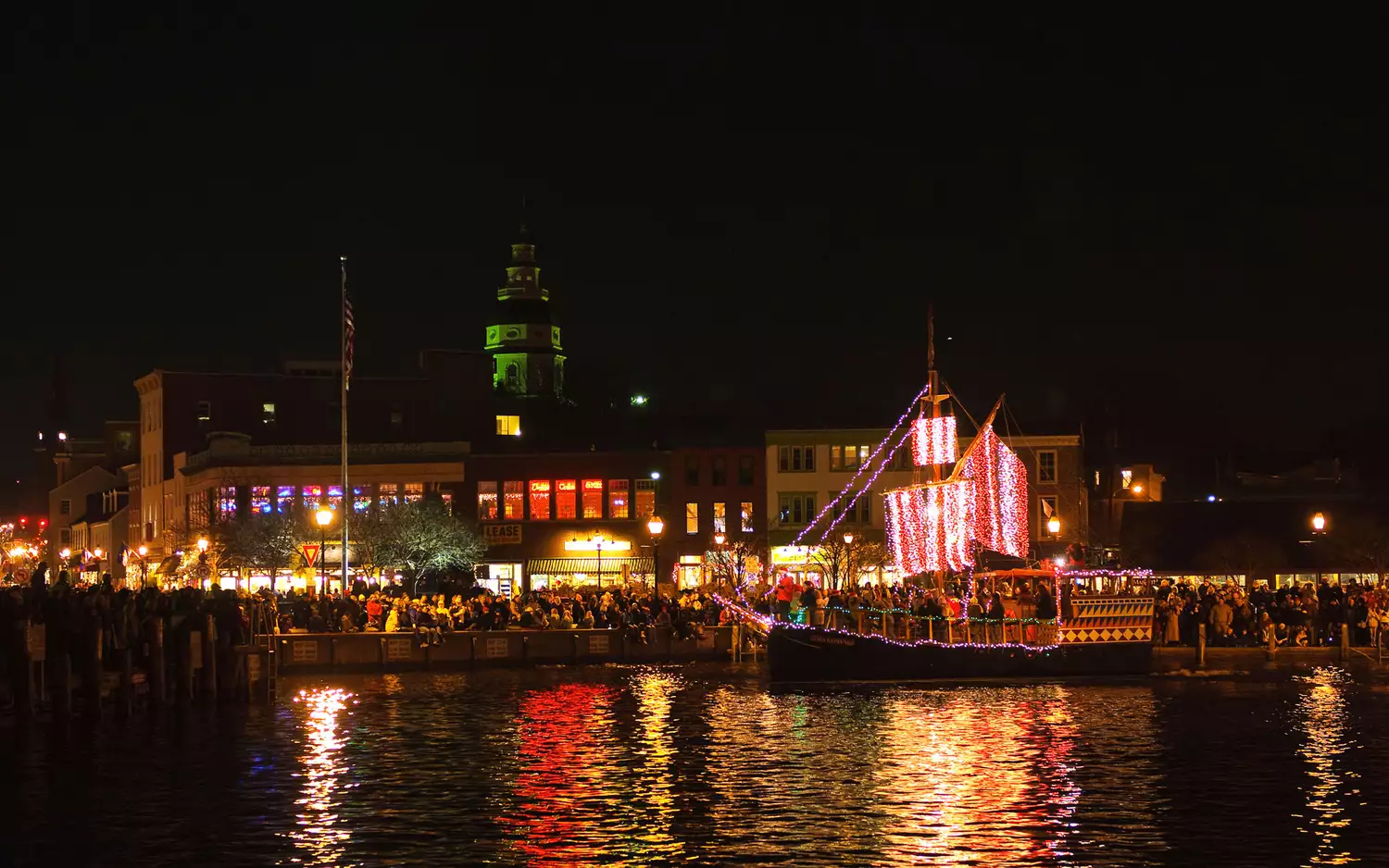 Annapolis waterfront Christmas lights reflecting on river