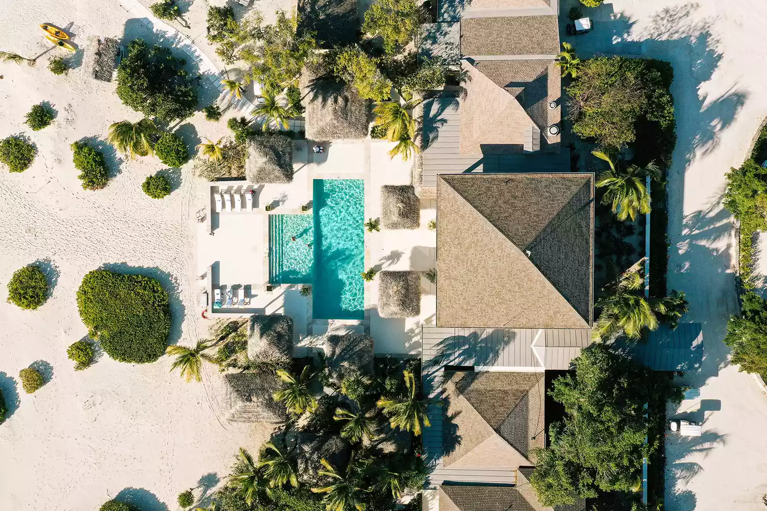 Aerial of a beach suite at Pine Cay