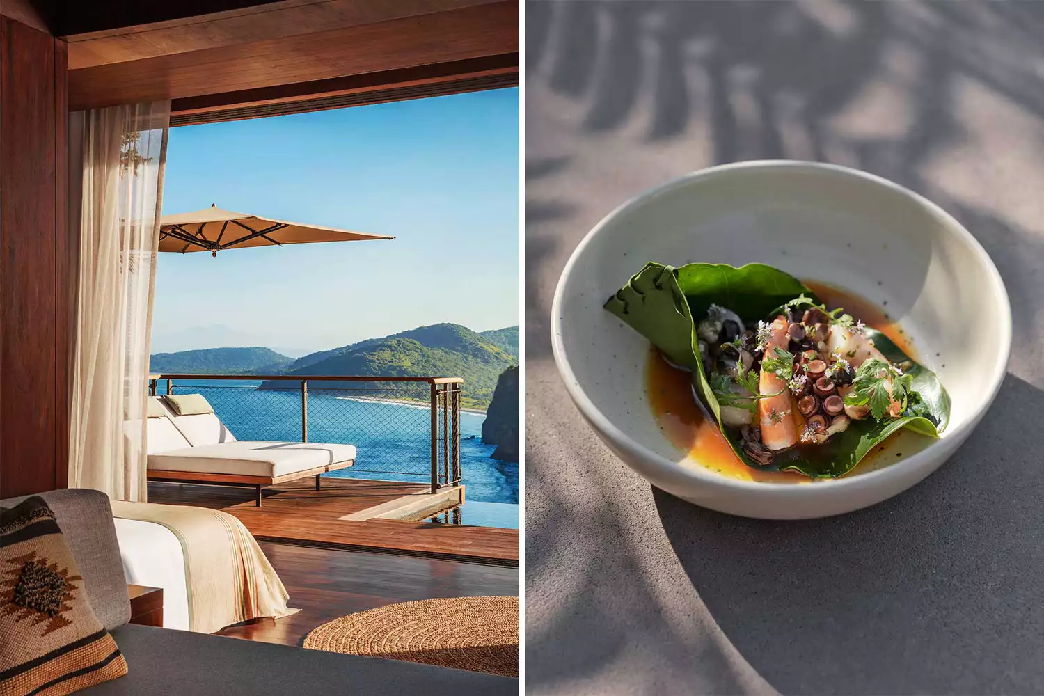 Pair of photos from One&Only Mandarina resort, including the view from a guest villa and a seafood medley dish