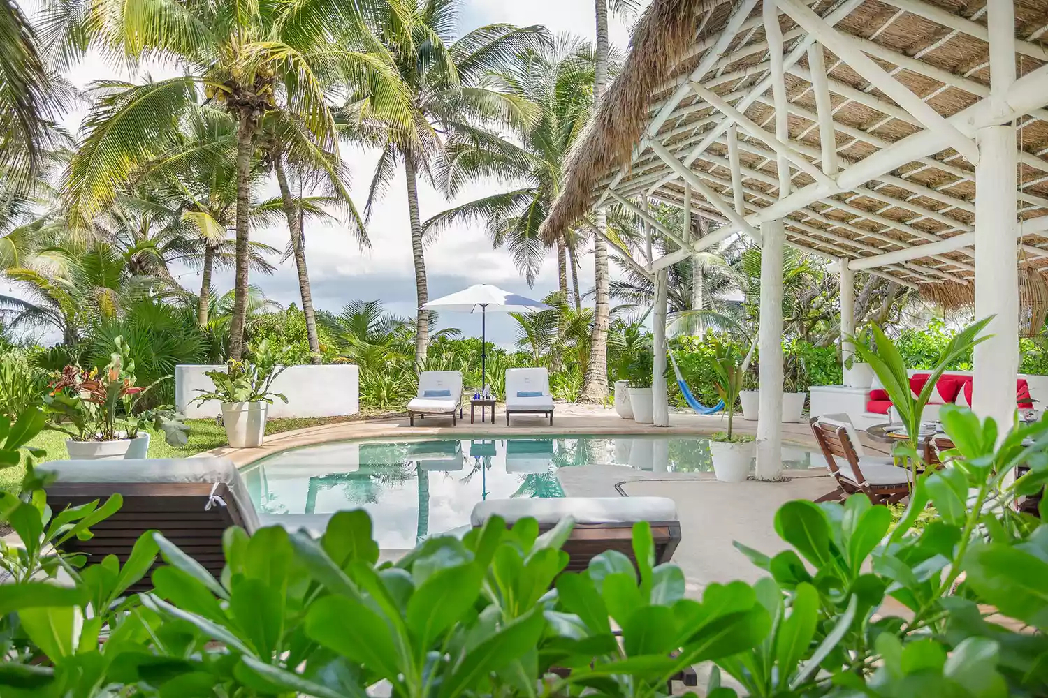 La piscine entourée de palmiers à la Villa Bel Ha dans la Riviera Maya