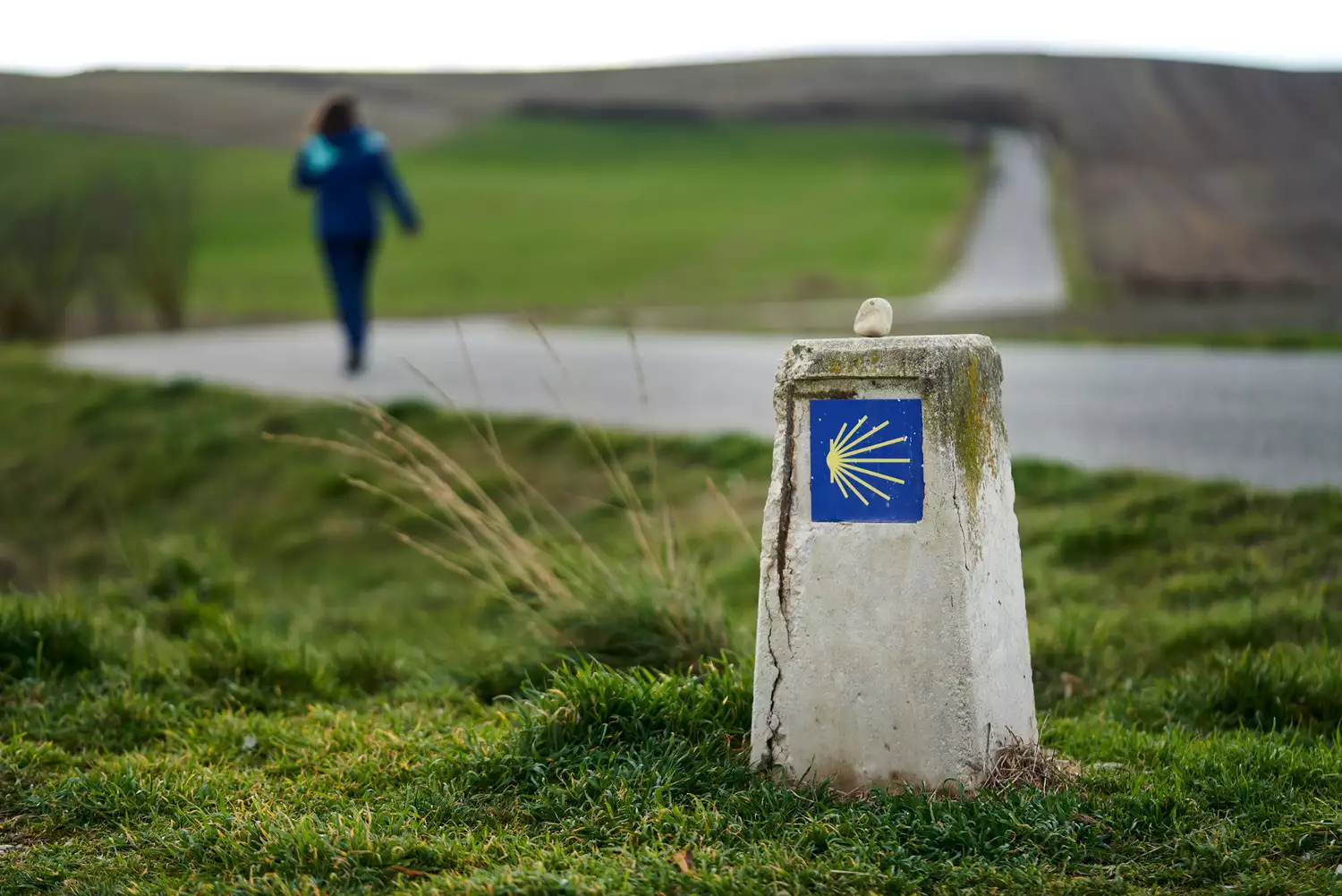 Vue arrière d'une femme adulte marchant avec un cairn du Camino de Santiago au premier plan