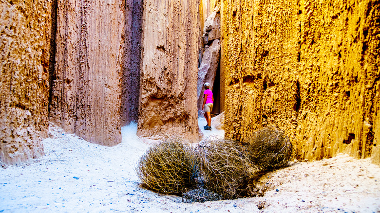 Femme en randonnée à travers un canyon