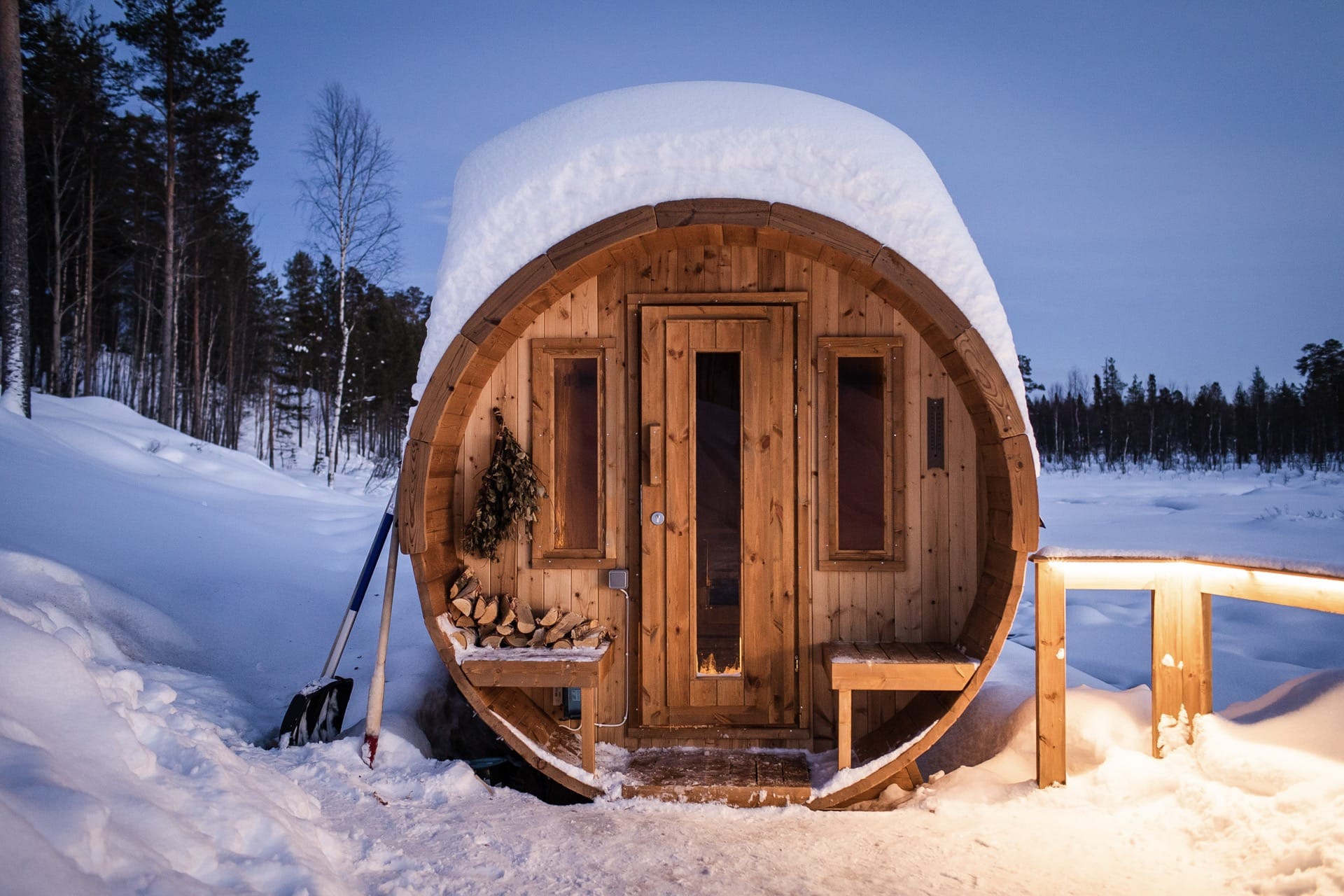 Aurora-Village-Wooden-Sauna-Barrel-Winter - Aurora Village, Ivalo - Lapland,  Finland